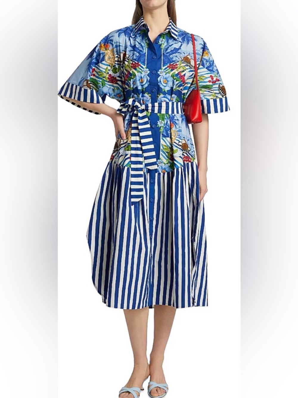 FARM Rio Blue White Striped Floral Midi Shirt Dress with Red Accent
